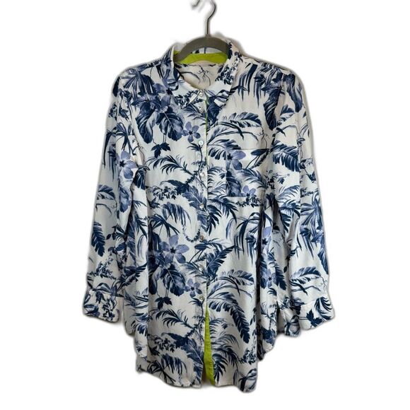Soft Surroundings Blue White Tropical Long Sleeve Shirt Size Large Style 29999 - Picture 1 of 13